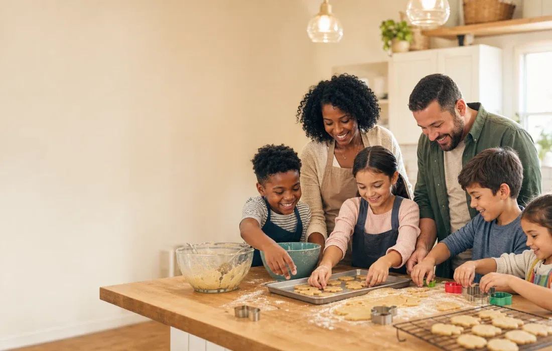 Two smiling foster parents baking cut-out cookies at the kitchen counter with their four children